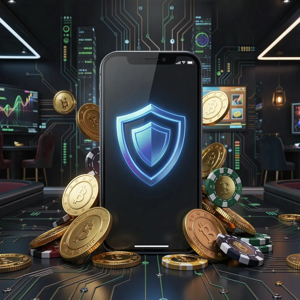 SA969 secure mobile casino app concept showing a smartphone with a glowing shield icon surrounded by golden coins and chips against a dark luxury cyber background in a realistic 3D render