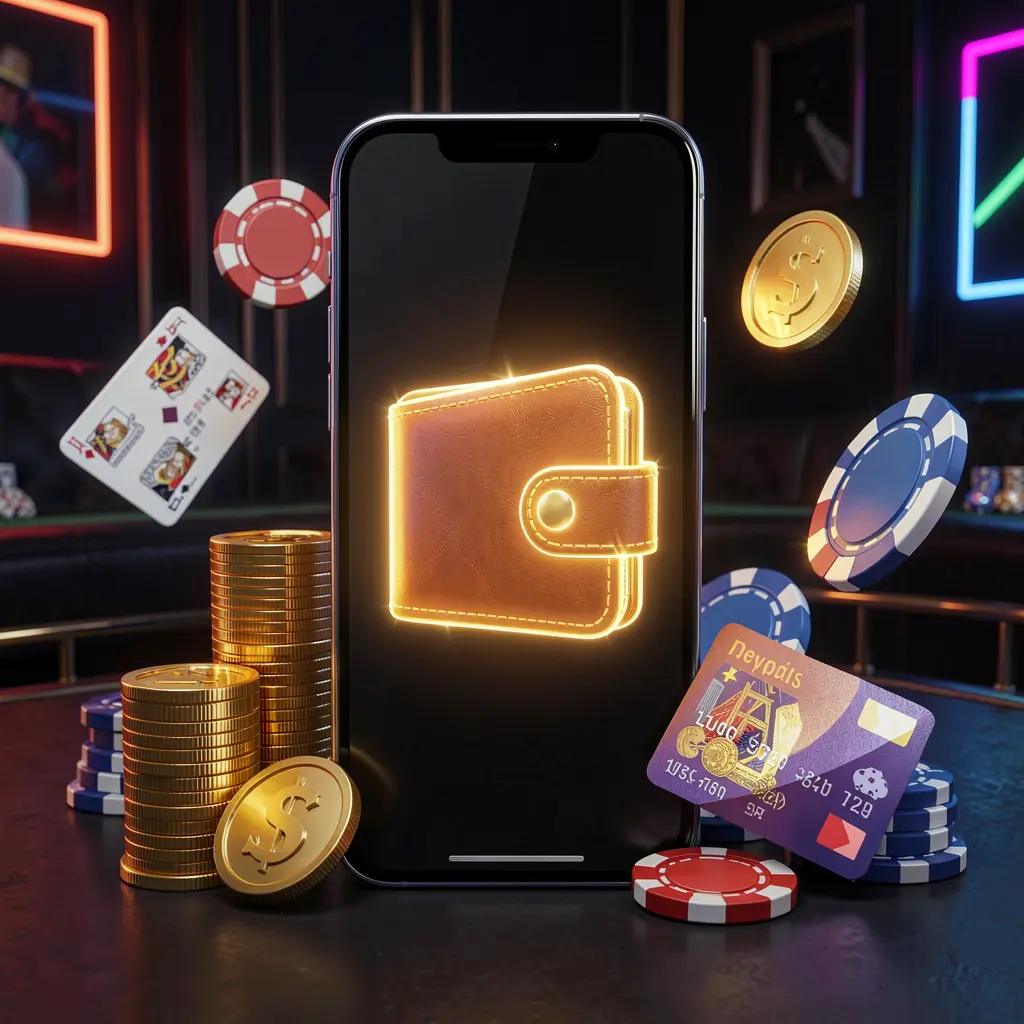 SA969 online casino deposit bonus concept with a smartphone screen displaying a glowing wallet icon surrounded by stacks of golden coins, poker chips, and bank cards on a dark luxury background with neon highlights in a realistic 3D style