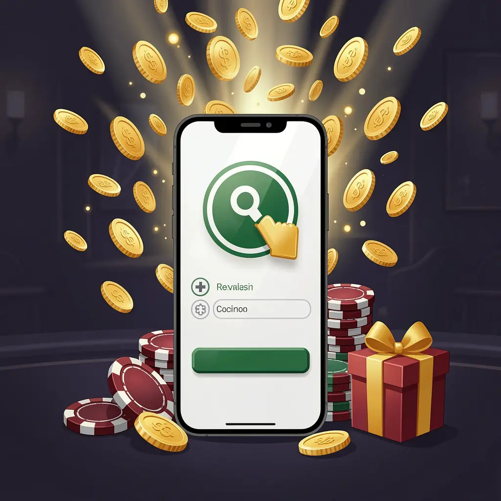 SA969 casino user login illustration showing a phone with a secure access icon, golden coins bursting from the screen, poker chips and a gift box nearby on a dark premium background