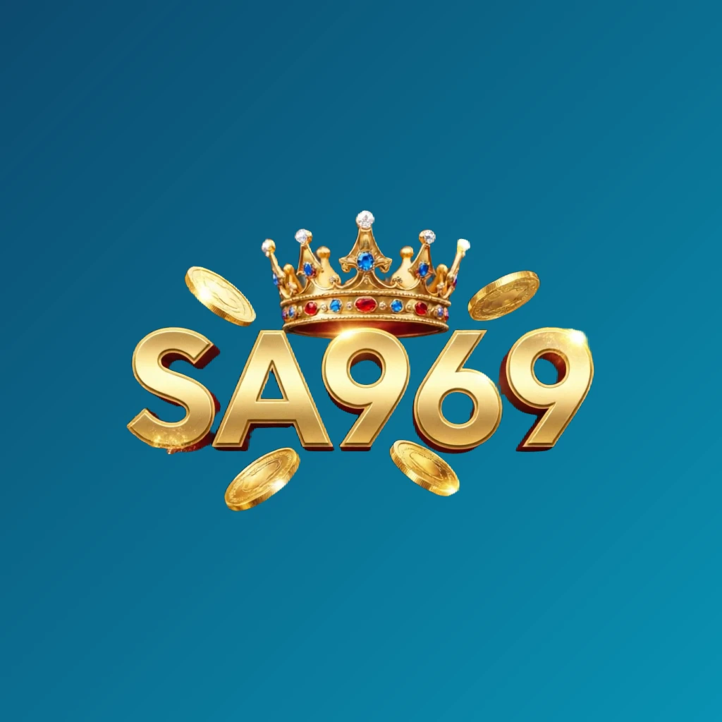 SA969 casino-style logo featuring golden letters with a crown element and sparkling coins, set against a transparent background in a luxury gaming atmosphere, designed as a horizontal rectangular wordmark for website headers