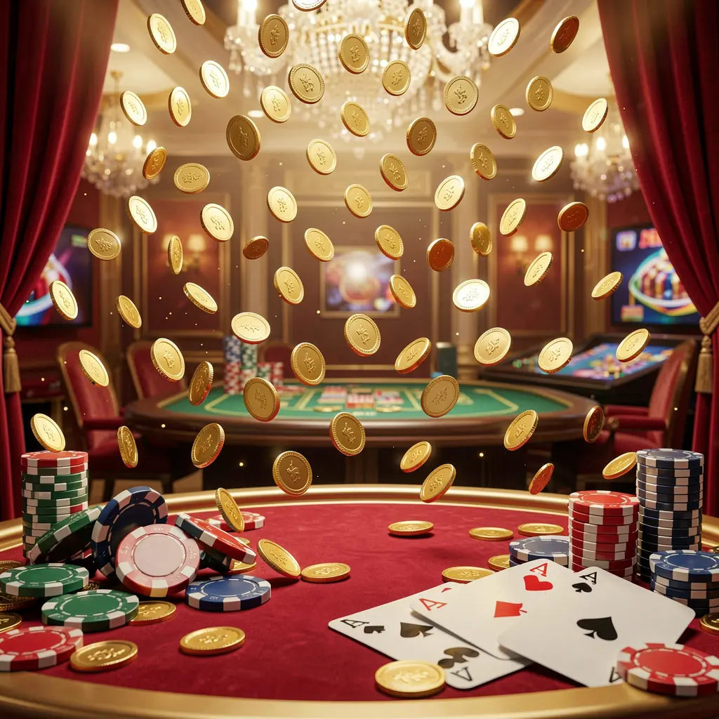 SA969 online gaming platform homepage banner featuring bright casino lights, golden coins raining, poker chips and playing cards in the foreground with a luxury red and gold atmosphere in a high detail 3D render